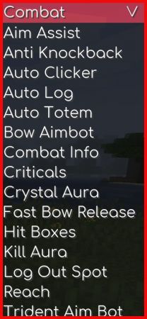 Клиент включает в себя читы: Auto Clicker, Aim assist, Bow aimbot, Auto totem, Kill aura, Trident aim bot, Critical.